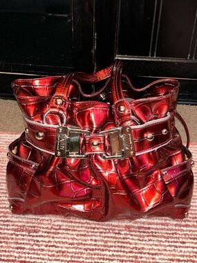 Kathy Van Zeeland Metallic Red Croc-Embossed Shoulder Bag